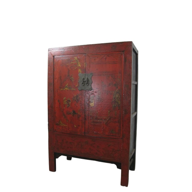 Chinese Late 19th Century Red Antique Chinese Chinoiserie Style Cabinet For Sale - Image 3 of 13