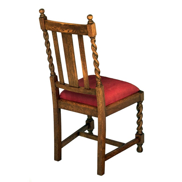 Early 20th Century Oak Dining Chairs Linen/Silk Seats in Paprika Red, a Pair For Sale In Los Angeles - Image 6 of 12