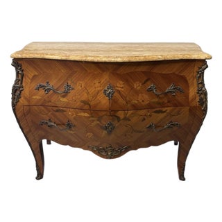 1930s French Marble Top Ormolu Inlaid Bombay Chest For Sale