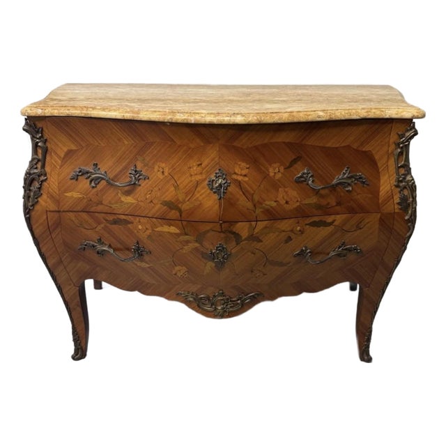 1930s French Marble Top Ormolu Inlaid Bombay Chest For Sale