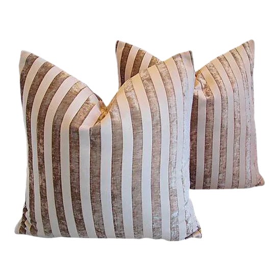 24" Custom Tailored French Velvet Striped Feather & Down Pillows - a Pair For Sale