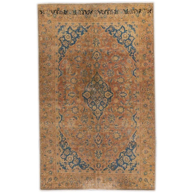 Textile 1960s Vintage Persian Distressed Handmade Medallion Tan Wool Rug For Sale - Image 7 of 7
