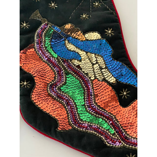 1970s Two Festive Christmas Stockings Beaded Sequins on Velvet For Sale - Image 4 of 5