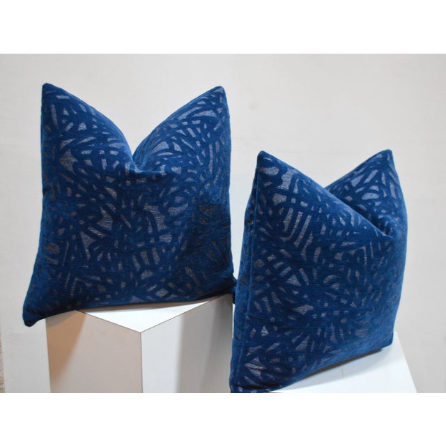 Abstract Custom 22" Navy Patterned Velvet Pillows - a Pair For Sale - Image 3 of 6