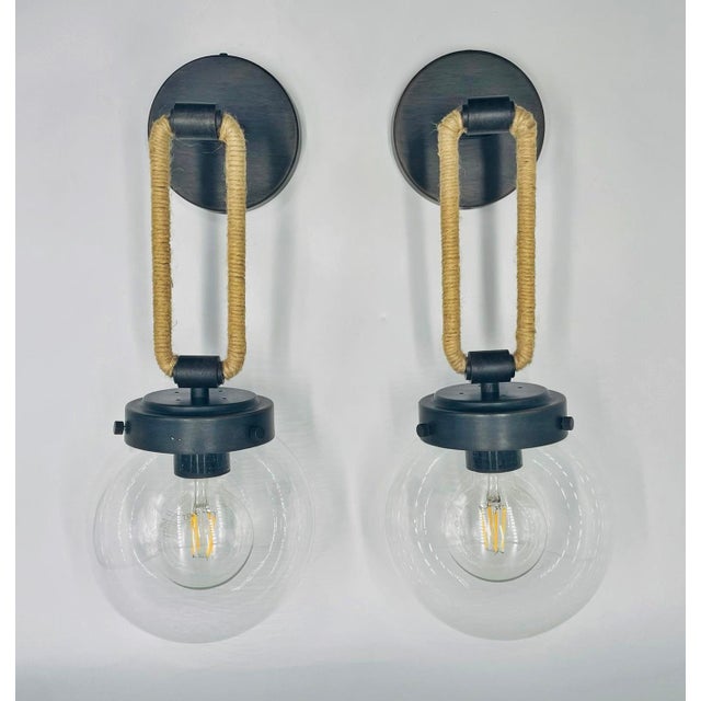Metal Vintage Attributed to Visual Comfort Modern Jute Rope Wall Sconces Brass Finish With Glass Globes - a Pair For Sale - Image 7 of 17