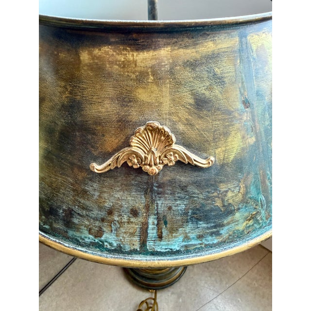 Vintage Brass Verdigris Three-Light Bouillotte Table Lamp Neoclassical Hollywood Regency Style For Sale - Image 11 of 16