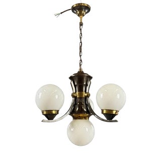 Art Deco Brass Chandelier with Opaline Glass, 1930s For Sale
