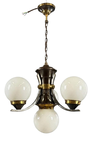 Art Deco Brass Chandelier with Opaline Glass, 1930s