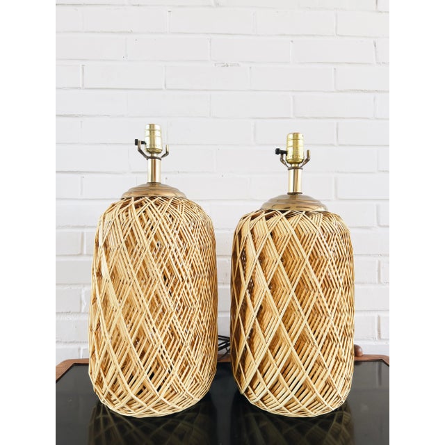 1980s Vintage 1980s Woven Rattan Table Lamps - Pair For Sale - Image 5 of 5