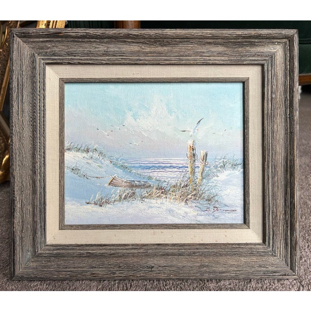 Mid century framed oil painting of a beach scene with seagulls. Signed to the lower right. Painting measures 8 x 10” and...