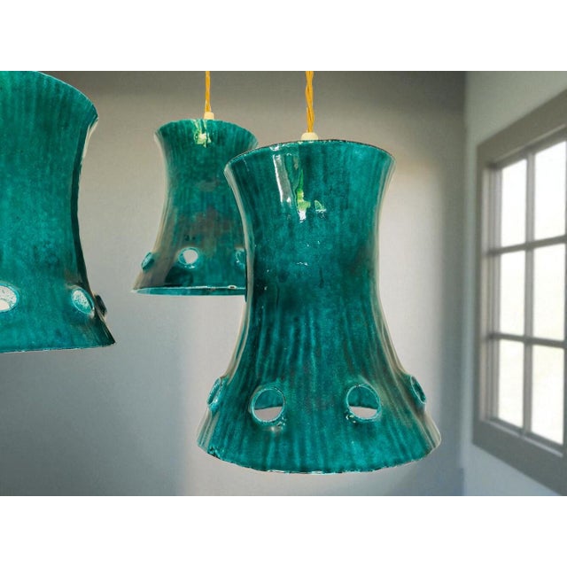 1960s Mid-Century Green Cast Iron 3 Light Cascading Chandelier Hanging Lamp, 1960s For Sale - Image 5 of 11
