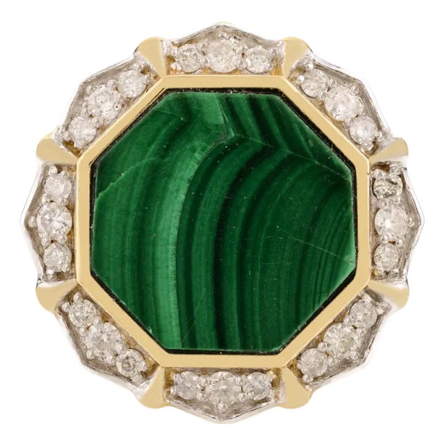 Malachite Diamond Contemporary Cocktail Ring Size 6.5 for Women in 14k Gold For Sale