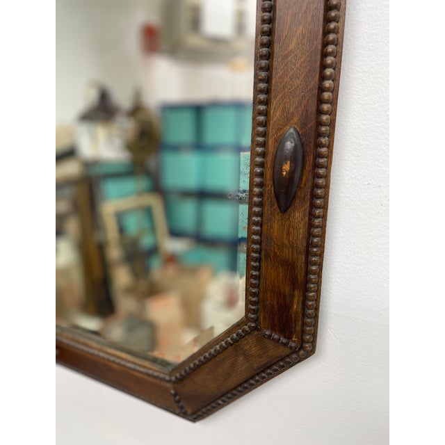 Wood Antique Arts and Crafts Long Octagonal Beveled Oak Mirror. For Sale - Image 7 of 8