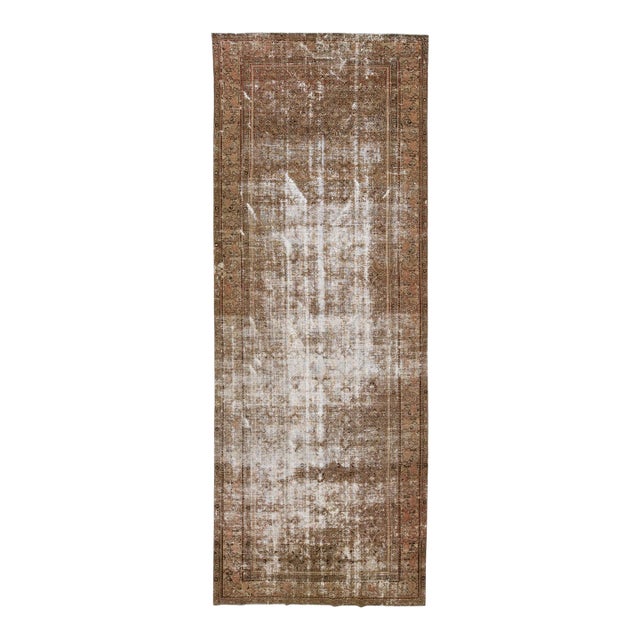 Antique Hamadan Handmade Distresses Brown Wool Rug With Allover Design For Sale