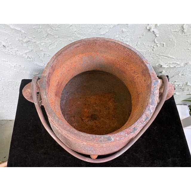 Metal Antique Primitive Cast Iron Three-Leg Cauldron Pot With Swing Handle For Sale - Image 7 of 9