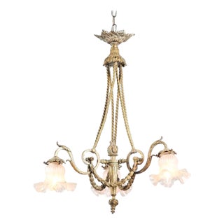 19th Century French Louis XVI Style 19th Century Bronze Three-Light Chandelier with Torch For Sale