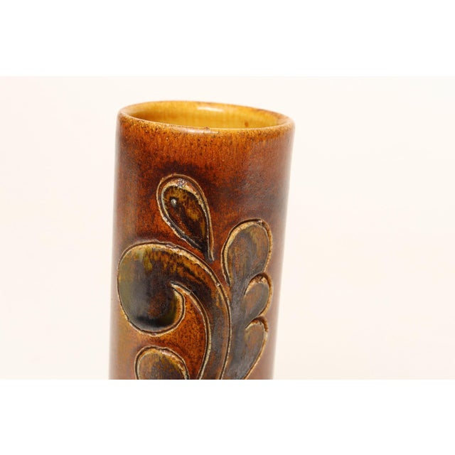 Vintage Studio Pottery Sunburst and Botanical Motif Matte Amber Glazed Vase For Sale - Image 11 of 18