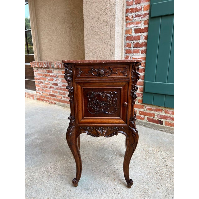 Antique French Nightstand Cabinet Marble Top Louis XV Carved Walnut C1890 For Sale - Image 13 of 18