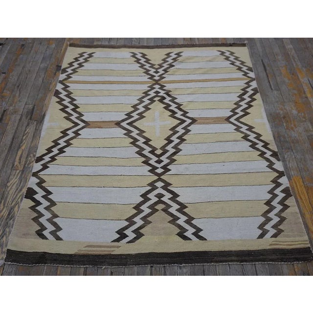 1930s Light Yellow Zig Zag Antique American Navajo Rug 4' 6" X 5' 6" Flatweave Wool Carpet For Sale - Image 4 of 12