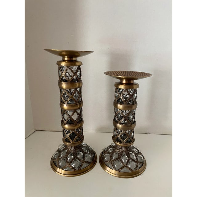 Vintage Brass and Beveled Bubbled Glass Candle Holders From India - Set of 2 For Sale - Image 9 of 9