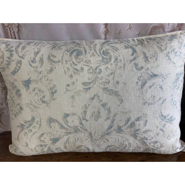 Early 21st Century Pair of Custom Printed Linen Lumbar Pillows in Faded Aqua Baroque Damask For Sale - Image 5 of 10
