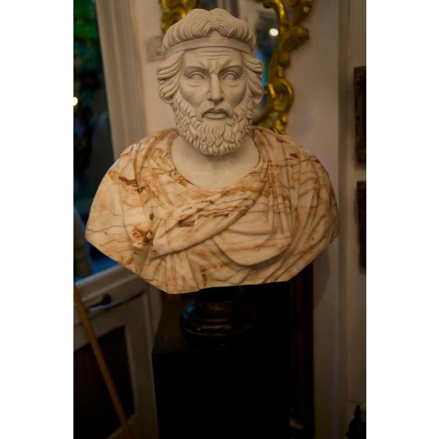 Hand-Carved Bust of Roman Man, 20th Century, White Carrara and Red Alicante Marble For Sale - Image 3 of 10