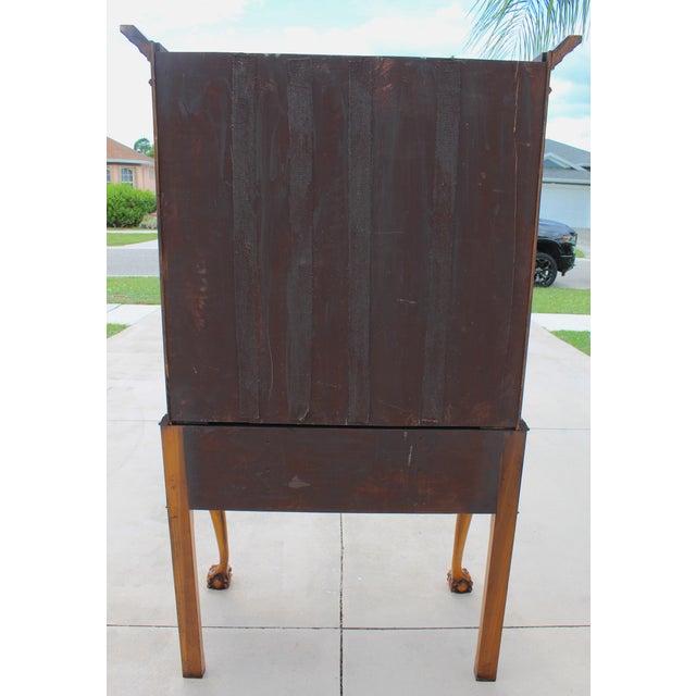 1950s Chippendale Revival Mahogany Highboy Chest on Stand With Satinwood Inlay & Ball-and-Claw Feet For Sale - Image 13 of 17