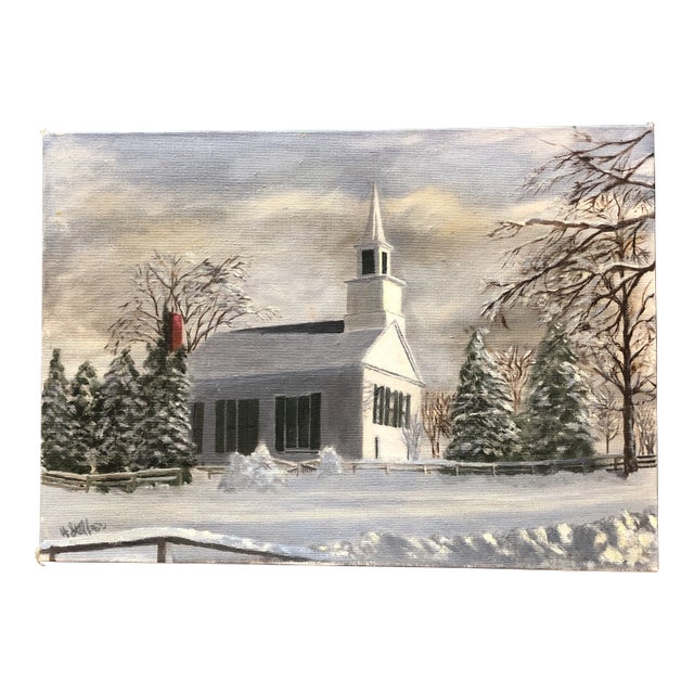 Vintage Original Impressionist Painting Church in Snow Signed 1960’s For Sale