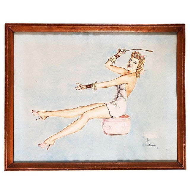 Mid-Century Modern "Lady on Ottoman" Wood Framed Pinup Painting by Wilma Raffaelli, 1948. For Sale - Image 3 of 4