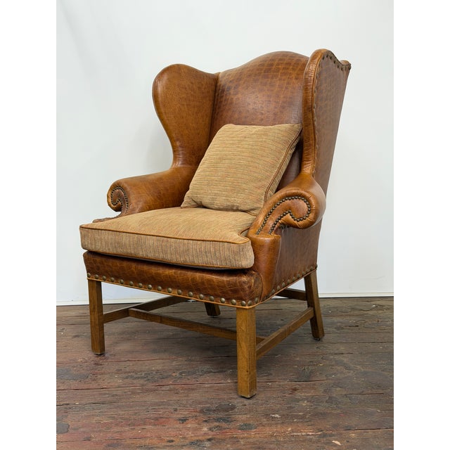 English Embossed Cognac Leather Wing Back Chair by Davis and Shaw For Sale - Image 3 of 17