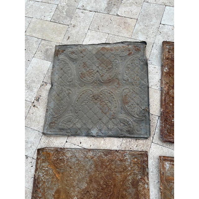 Victorian Antique Pressed Tin Ceiling Tiles – Ornate Scroll & Diamond Lattice Design – Original Architectural Salvage For Sale - Image 12 of 12