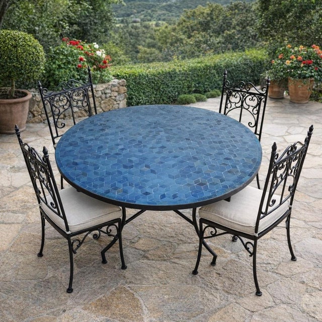 Moroccan 48" Petrol Blue Moroccan Round Mosaic Table, Diamond Collection / Lozenge For Sale - Image 3 of 10