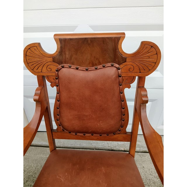 1950s Rare Antique Victorian Carved Oak & Leather Throne Armchair With Matching Ottoman For Sale - Image 5 of 12