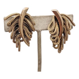Vintage 1950s Signed Napier Goldtone Fringe Leaf Clip Earrings-2 Pieces For Sale