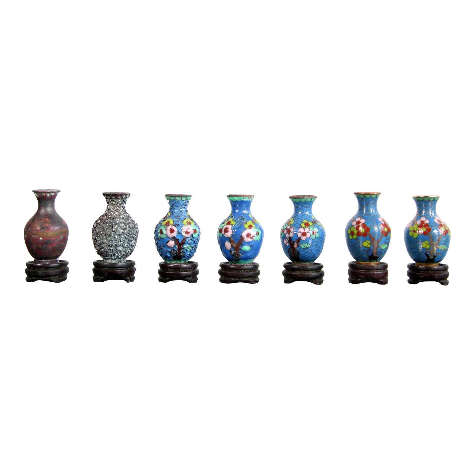Vintage 1950's Chinese Cloisonne Miniature Vases on Stand - Set of 7