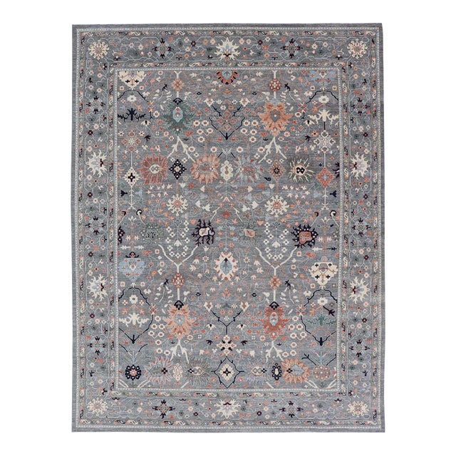 Large Floral Oushak Rug by Keivan Woven Arts, Gray, 10'1 X 14'2 For Sale