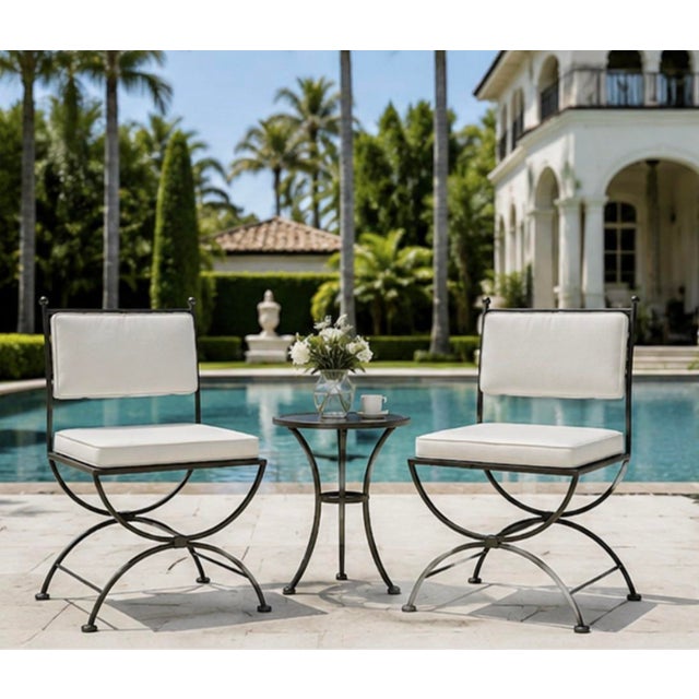 Pair of Vintage Turkish Curule-Leg Powder Coated Cast Iron Patio Chairs For Sale - Image 10 of 12