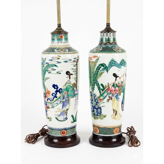 Chinese Monumental Late 19th Century Chinese Famille Verte Porcelain Rouleau Vases Set as Lamps Pair For Sale - Image 3 of 12