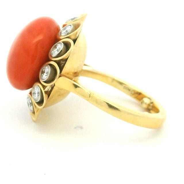 Metal 1970s Alletto Brothers Coral & Diamond 18k Gold and Platinum Ring, Size 4 For Sale - Image 7 of 13