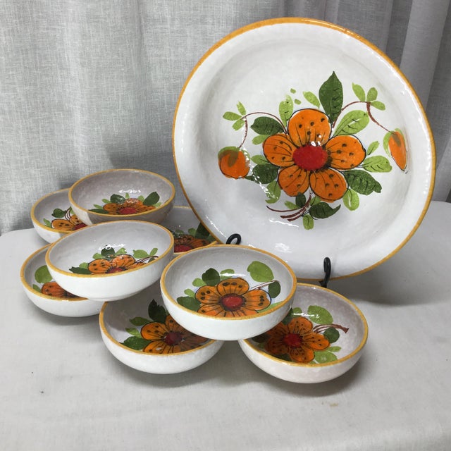 Mid 20th Century Italian Salad Bowl Set in Glazed Terra Cotta With Orange Floral Design - 9 PCS For Sale - Image 11 of 11