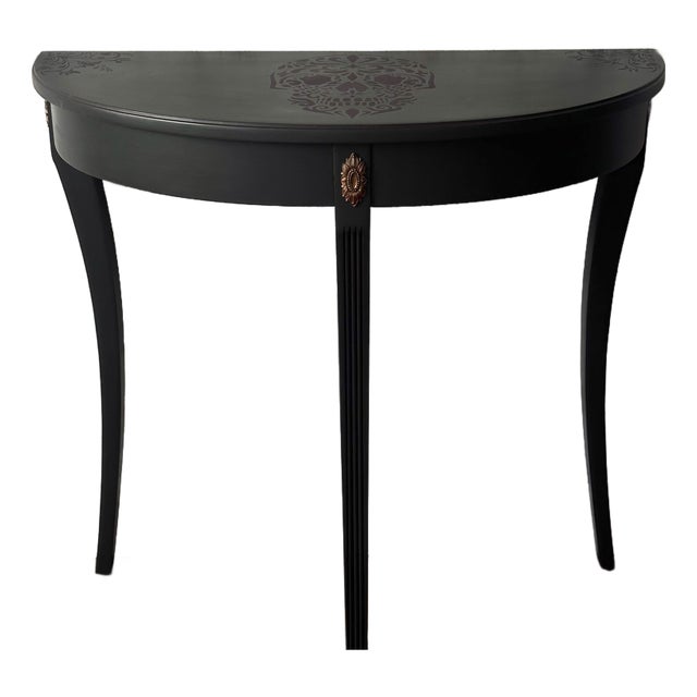 Ethan Allen Demilune Console Table, Hand Refinished, Matte Black, Dark Romance For Sale