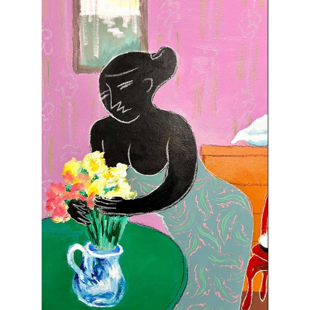 Liang Yifeng, Chinese Taiwanese Modernist Oil Painting Liang Yifeng Woman in Blue Interior For Sale - Image 10 of 12