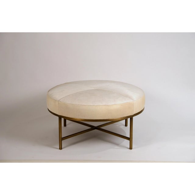 Contemporary Small White Hide and Patinated Brass 'Tambour' Ottoman by Design Frères For Sale - Image 3 of 10
