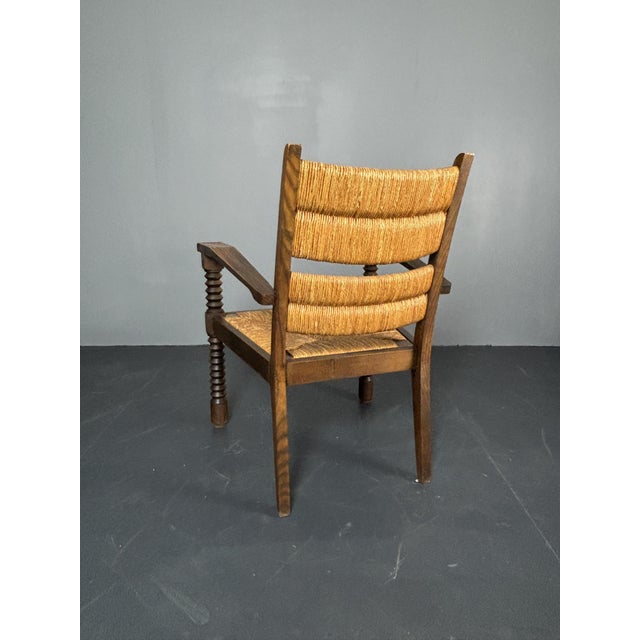 Wood Brutalist Turned Oak and Rush Armchair in the style of Charles Dudouyt, France, 1950s For Sale - Image 7 of 18