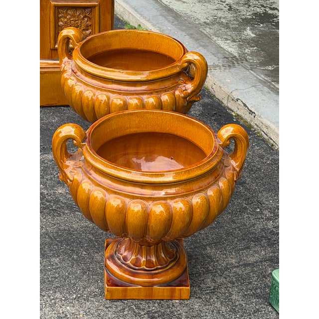 Neoclassical Monumental Glazed Ceramic Campana Urns on Pedestals 42" a Pair For Sale - Image 3 of 12