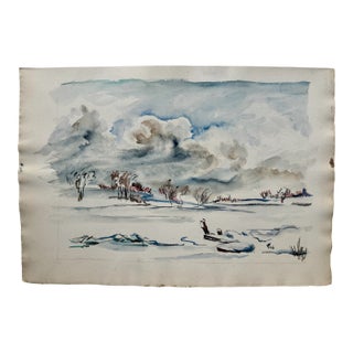 Henry Emil Salloch Original Watercolor on Paper Snowfield Under Heavy Skies. 1948. For Sale