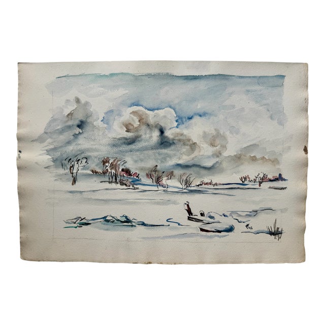 Henry Emil Salloch Original Watercolor on Paper Snowfield Under Heavy Skies. 1948. For Sale