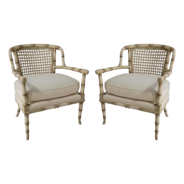 Mid-Century Regency Style Faux Bamboo & Cane Bergere Chairs - Pair For Sale