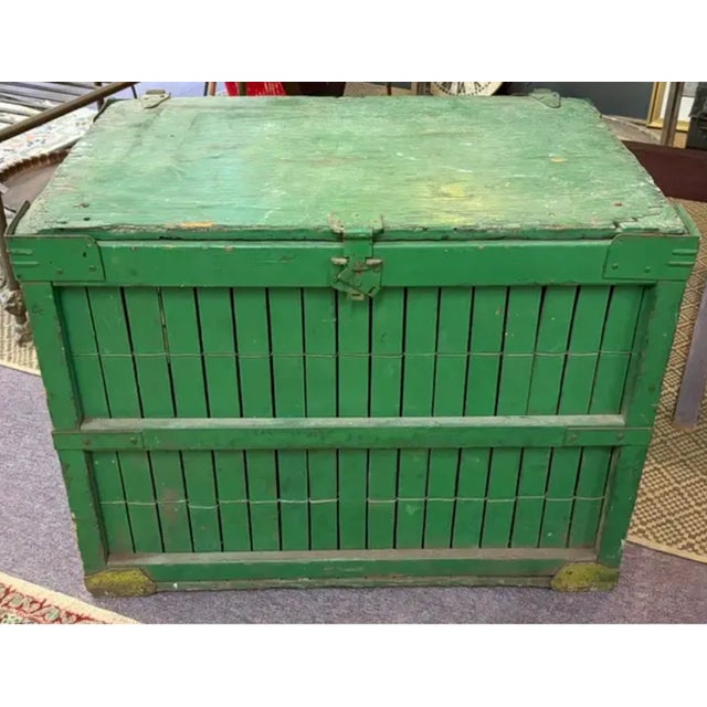 Primitive Folk Art Green Painted Trunk or Hinged Storage Trunk, Chest or Side Table For Sale - Image 4 of 8
