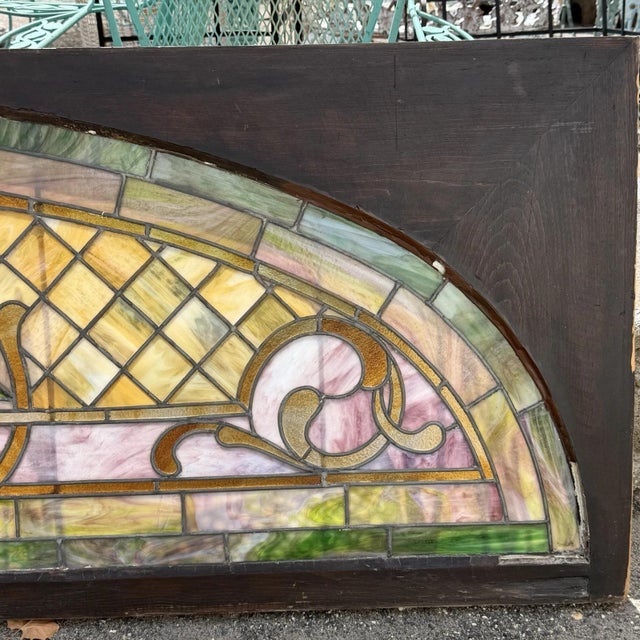Early 20th Century Antique Art Nouveau Colored Stained Glass Fruit 27 X 75 Arched Transom Window, A For Sale - Image 5 of 18